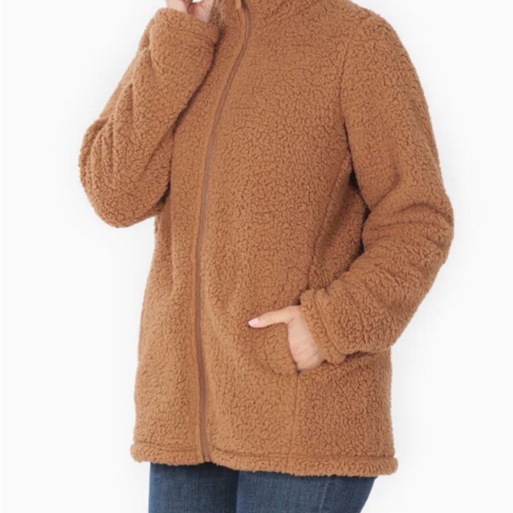 Women’s New Zenana Tan Teddy‎ Zip Up Jacket Size Large MSRP $55